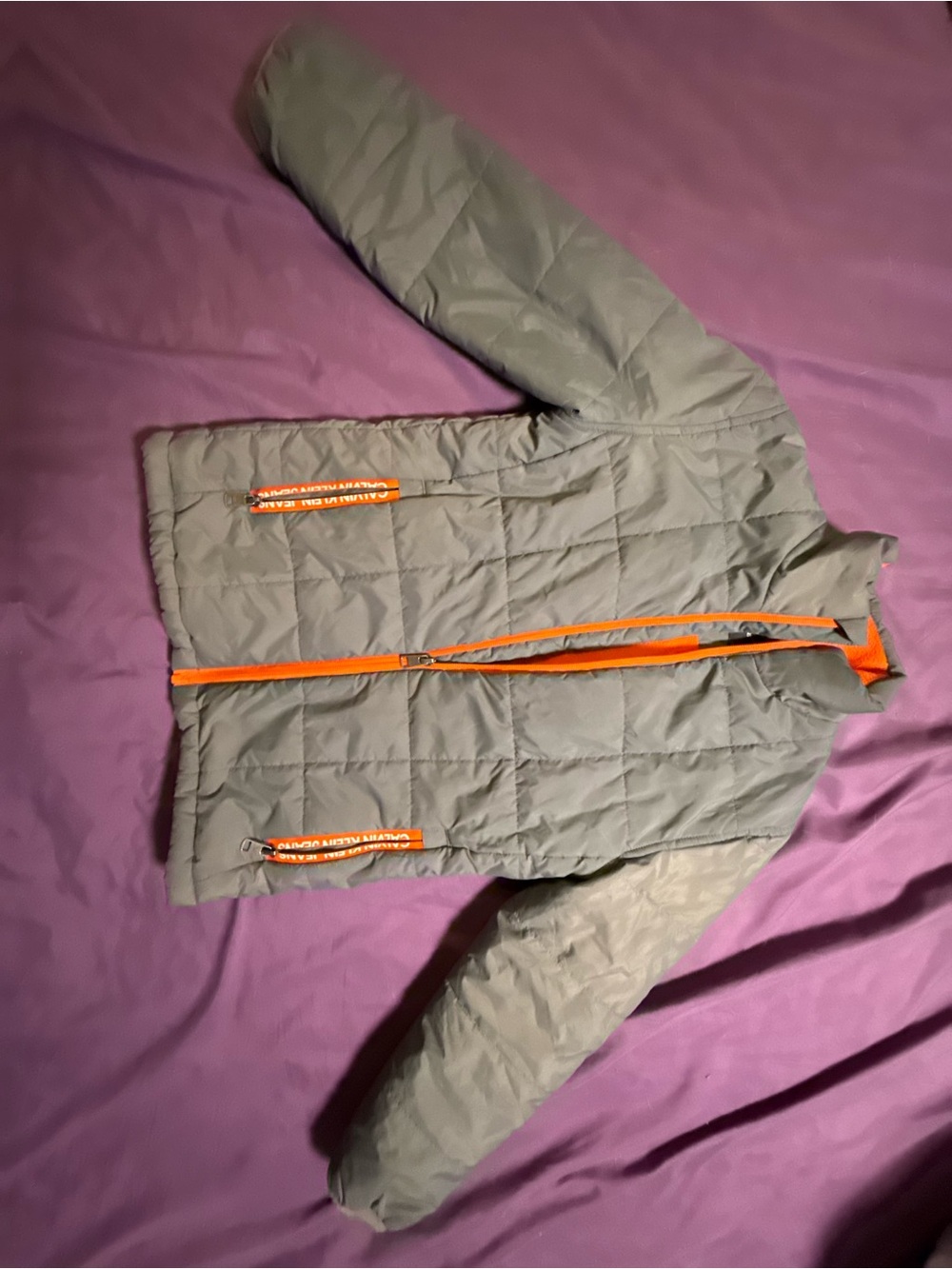 Calvin Klein Gray Puffer Jacket with Orange Trim for Kids
